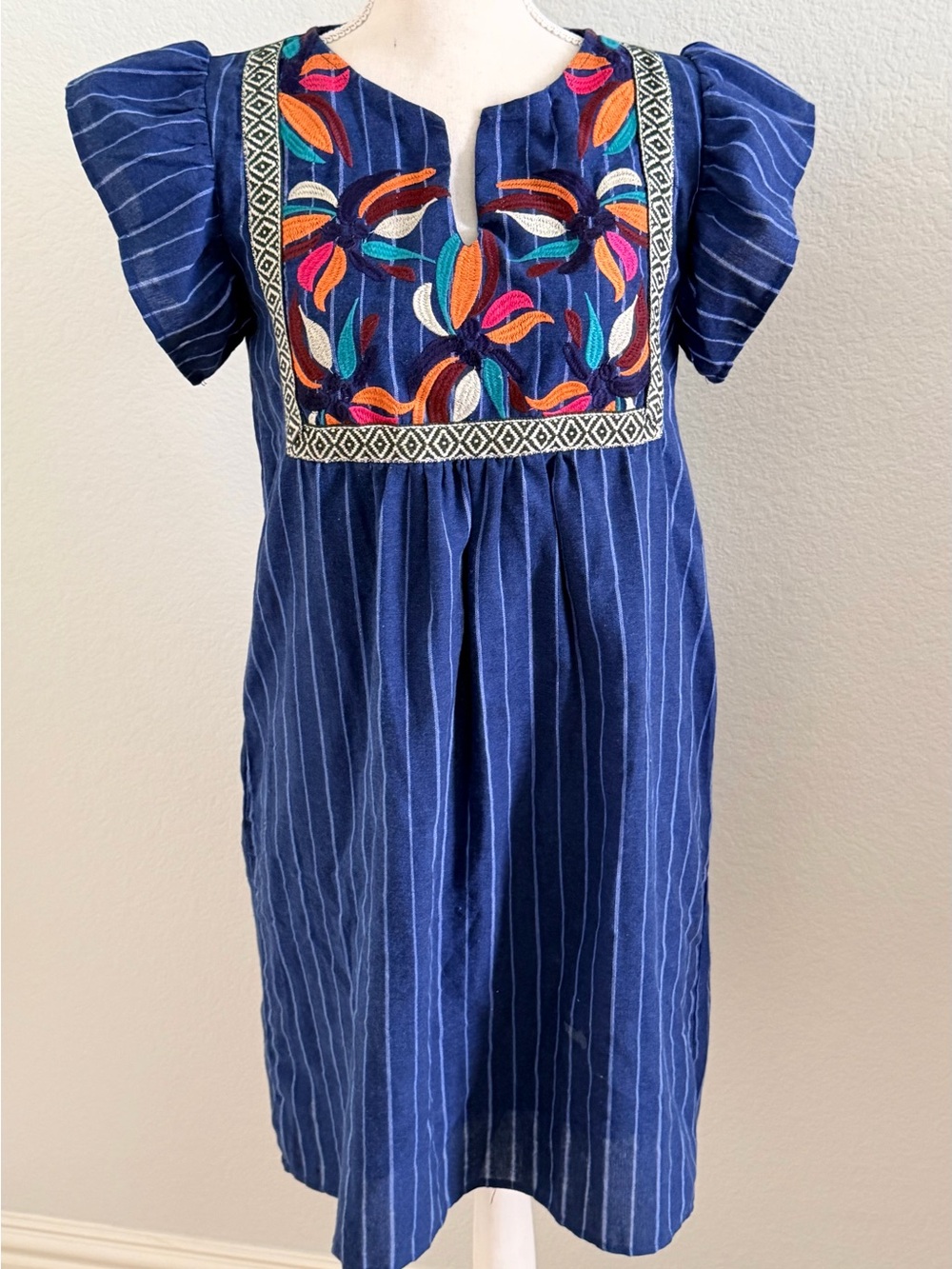 Navy Pinstripe Embroidered Yoke Casual Dress
